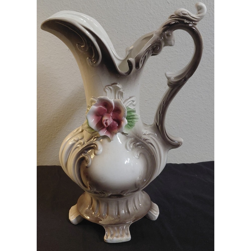 Vintage Capodimonte Italy Porcelain Pitcher Ewer Vase 14" 3D Pink Rose